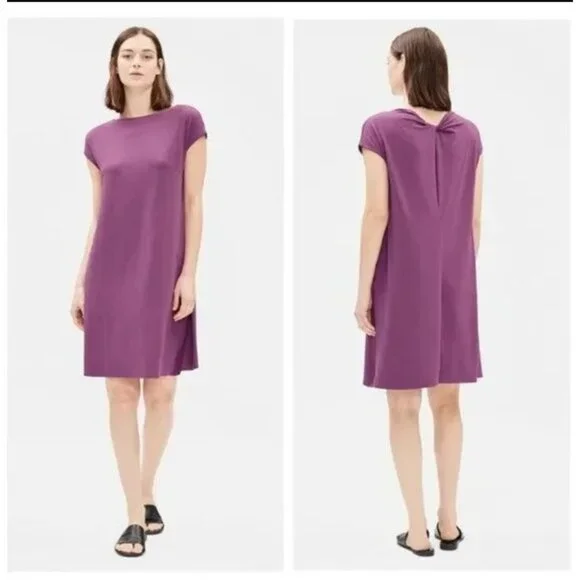 Eileen Fisher Dress Womens Large Purple Curan Bateau Jersey Shift Pockets - Picture 1 of 11